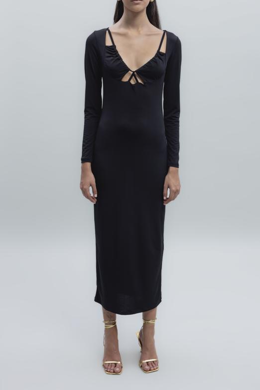 Bayan Siyah Derin Yaka Dekolteli Midi Kalem Elbise - BSL