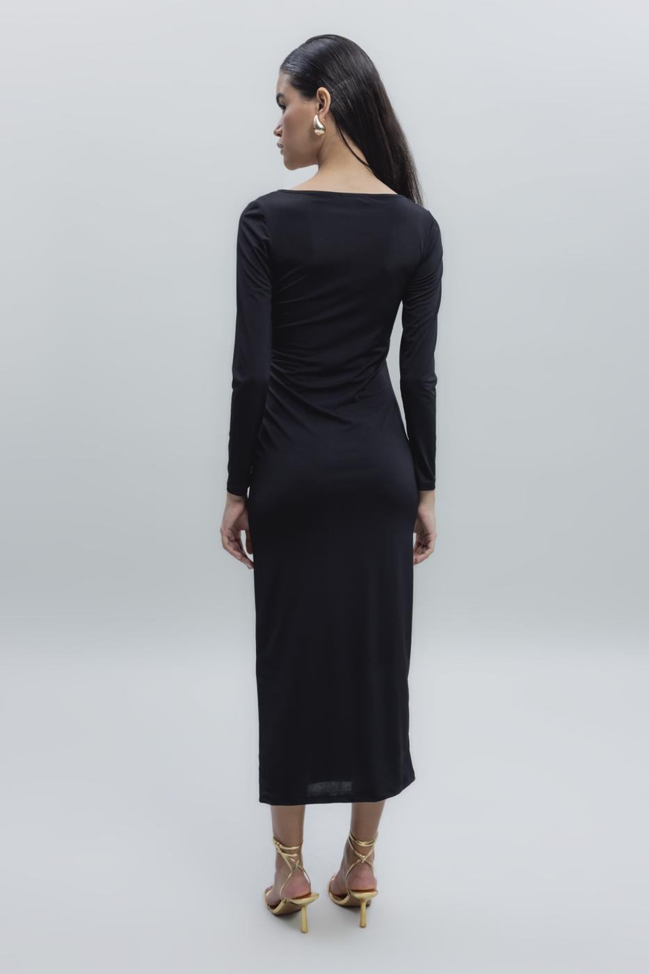 Bayan Siyah Derin Yaka Dekolteli Midi Kalem Elbise