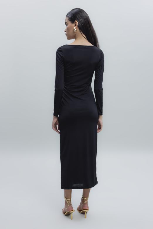 Bayan Siyah Derin Yaka Dekolteli Midi Kalem Elbise - BSL