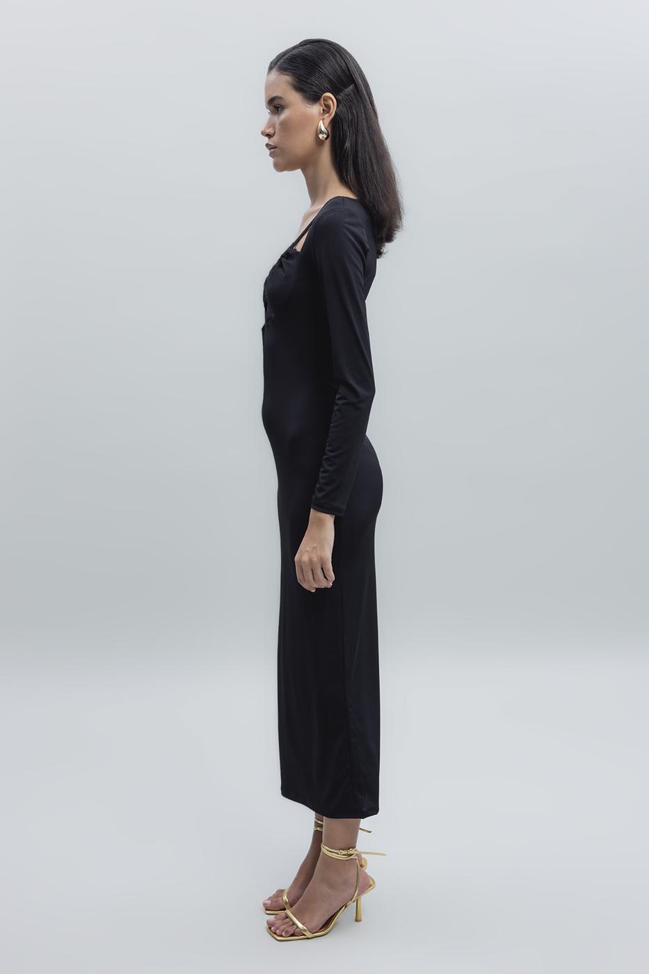 Bayan Siyah Derin Yaka Dekolteli Midi Kalem Elbise