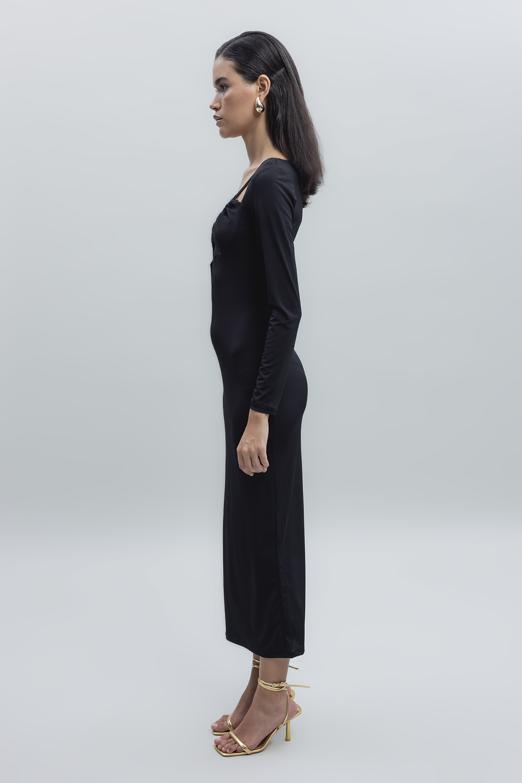 Bayan Siyah Derin Yaka Dekolteli Midi Kalem Elbise - BSL