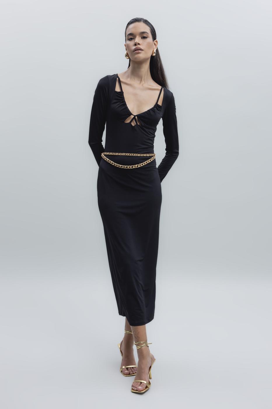 Bayan Siyah Derin Yaka Dekolteli Midi Kalem Elbise