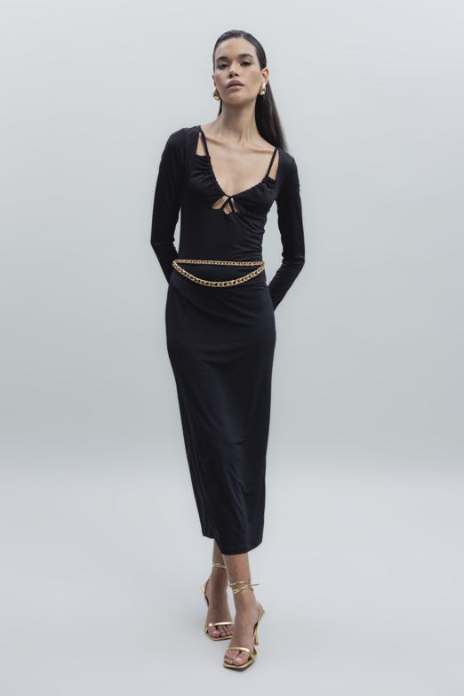 Bayan Siyah Derin Yaka Dekolteli Midi Kalem Elbise - BSL