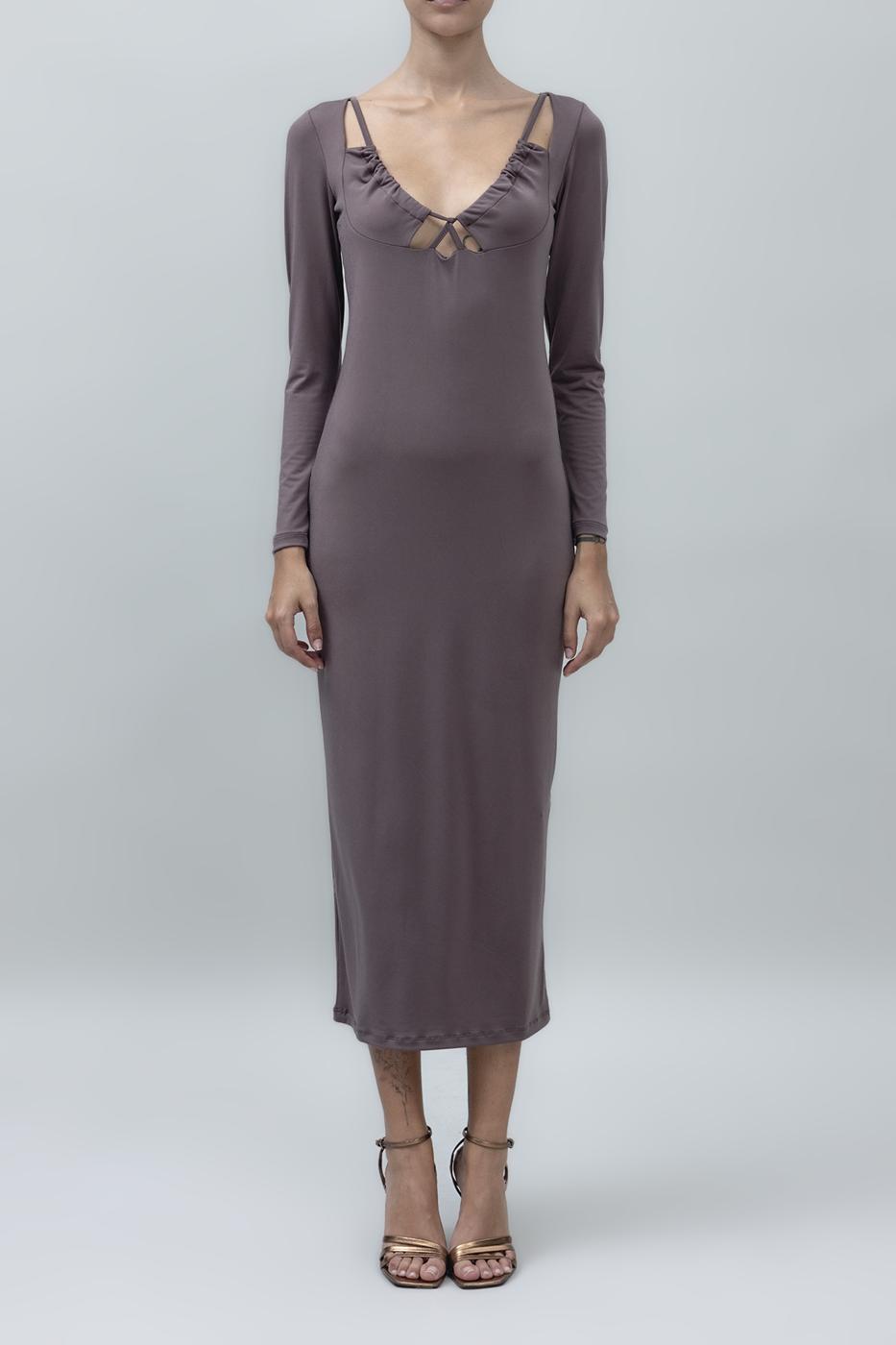 Bayan Vizon Derin Yaka Dekolteli Midi Kalem Elbise