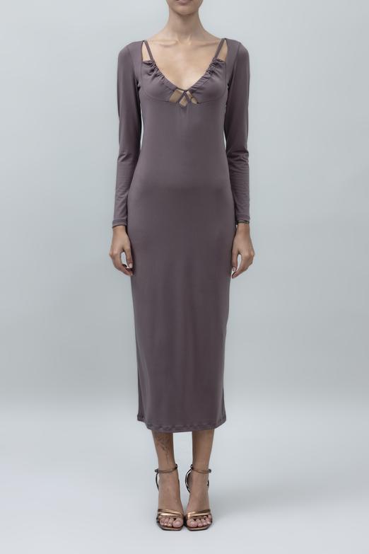 Bayan Vizon Derin Yaka Dekolteli Midi Kalem Elbise - BSL