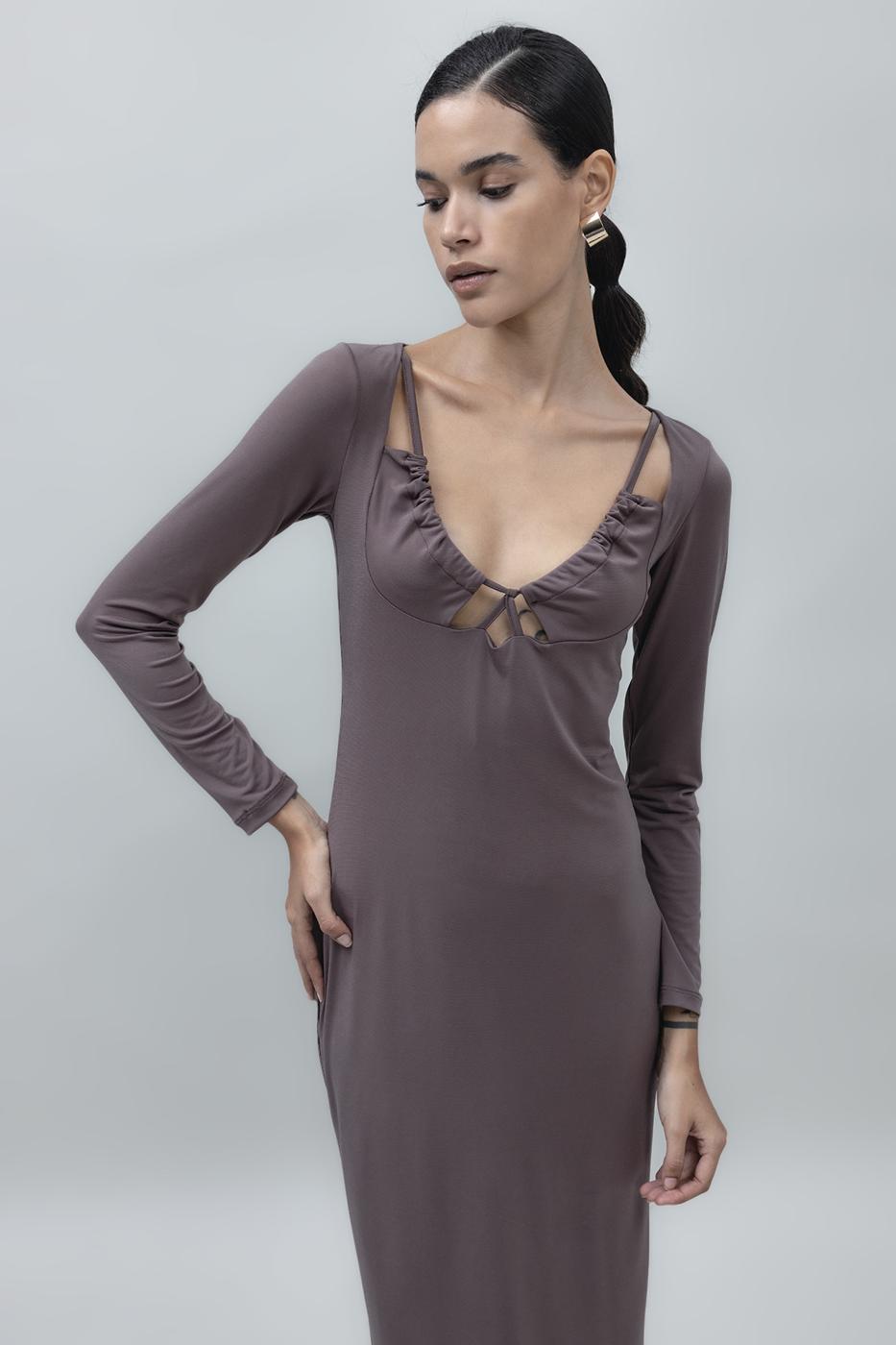 Bayan Vizon Derin Yaka Dekolteli Midi Kalem Elbise