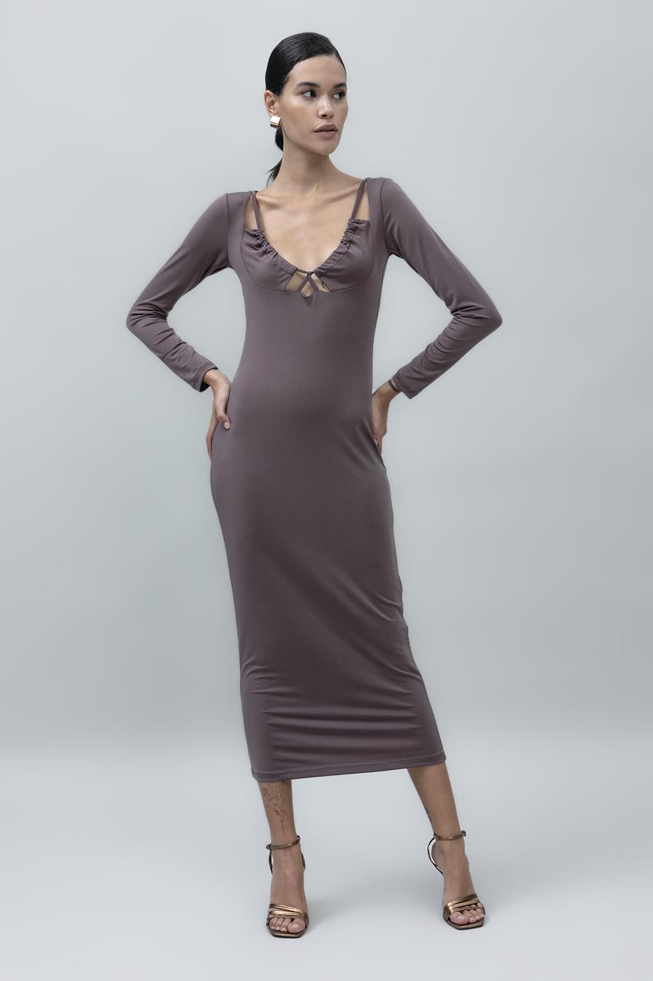 Bayan Vizon Derin Yaka Dekolteli Midi Kalem Elbise