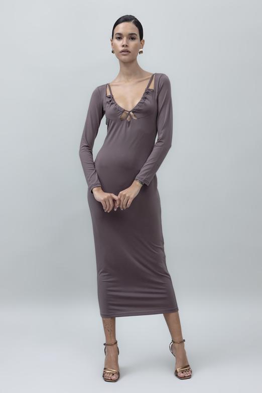 Bayan Vizon Derin Yaka Dekolteli Midi Kalem Elbise - BSL