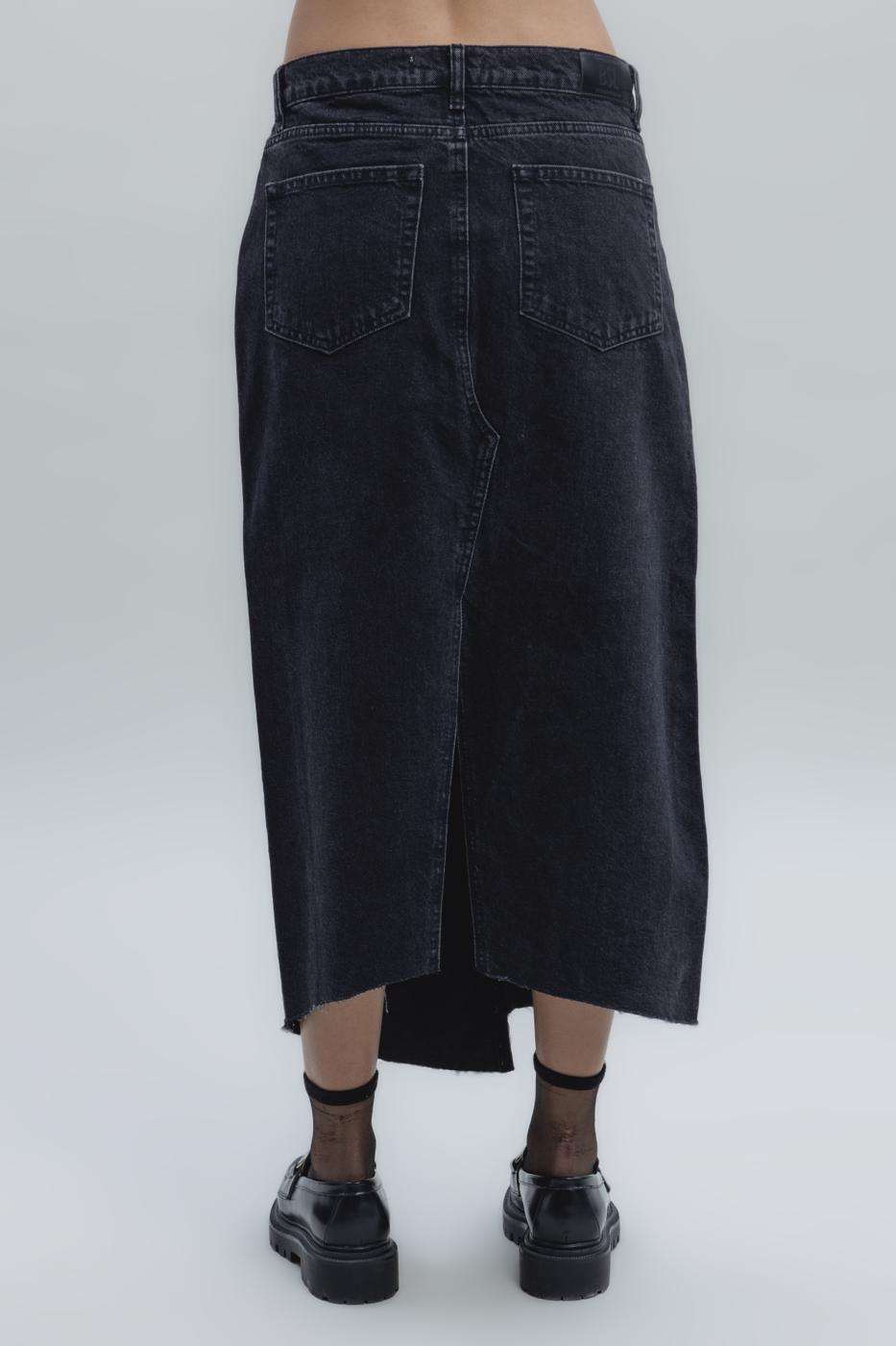 Bayan Siyah Düşük Bel Midi Denim Etek