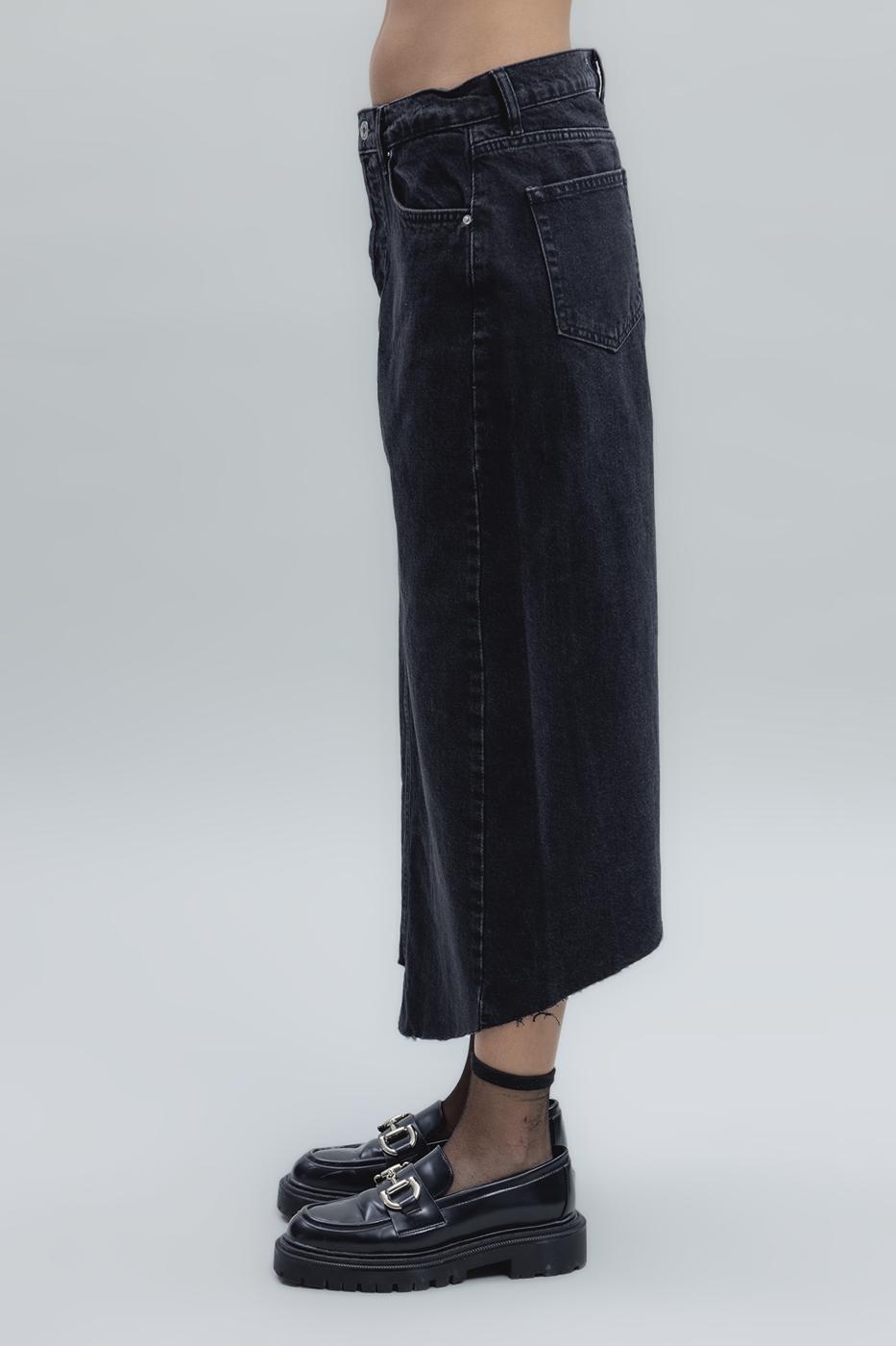 Bayan Siyah Düşük Bel Midi Denim Etek