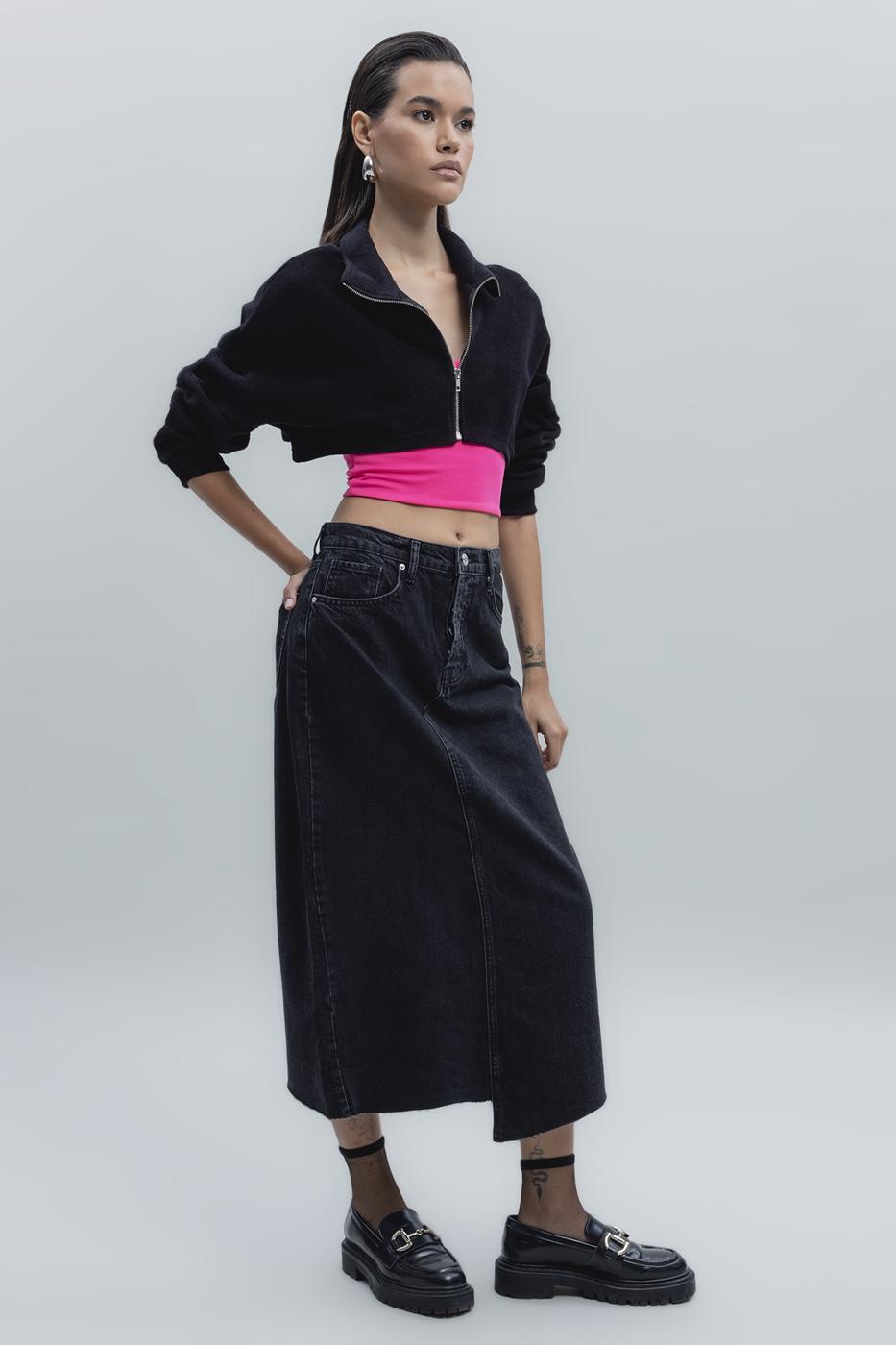 Bayan Siyah Düşük Bel Midi Denim Etek