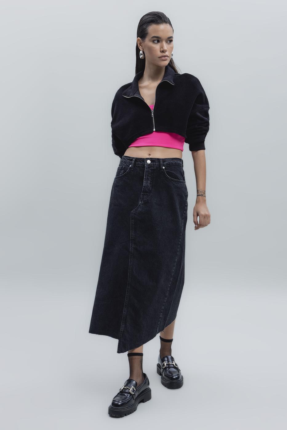 Bayan Siyah Düşük Bel Midi Denim Etek