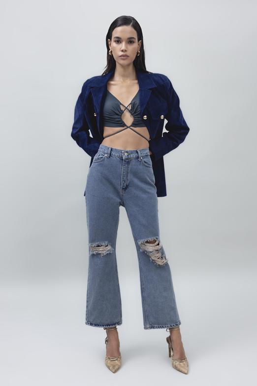 Bayan  Yıpratmalı Bilek Boy Denim Pantolon