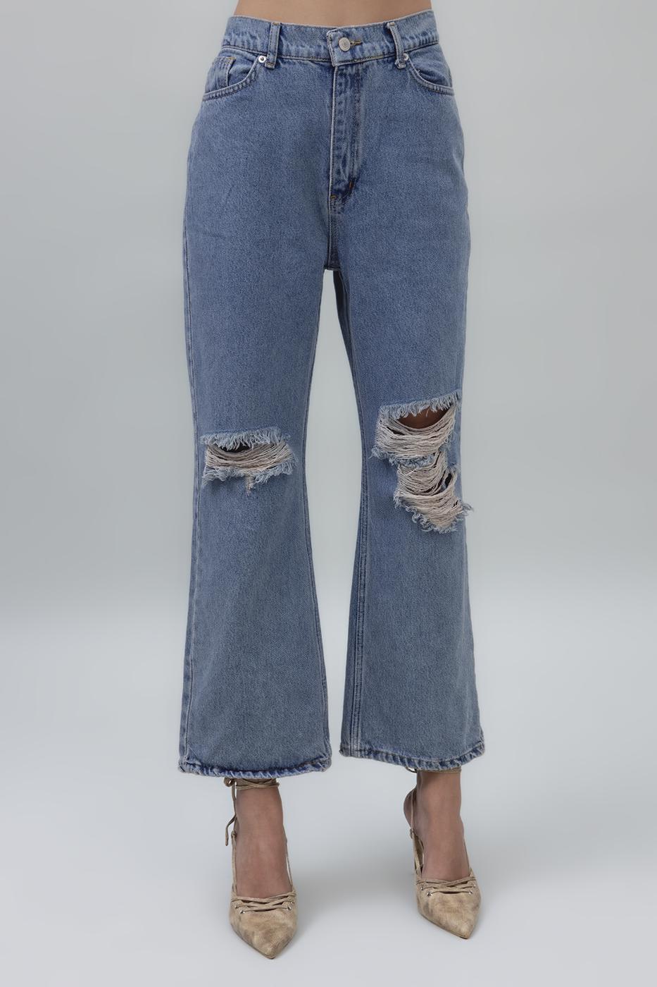 Bayan Mavi Yıpratmalı Bilek Boy Denim Pantolon