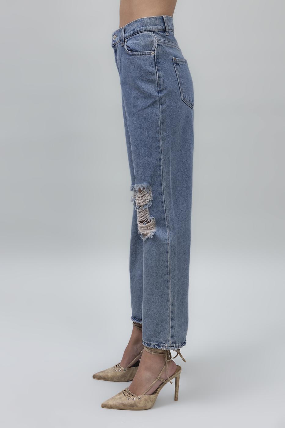 Bayan Mavi Yıpratmalı Bilek Boy Denim Pantolon