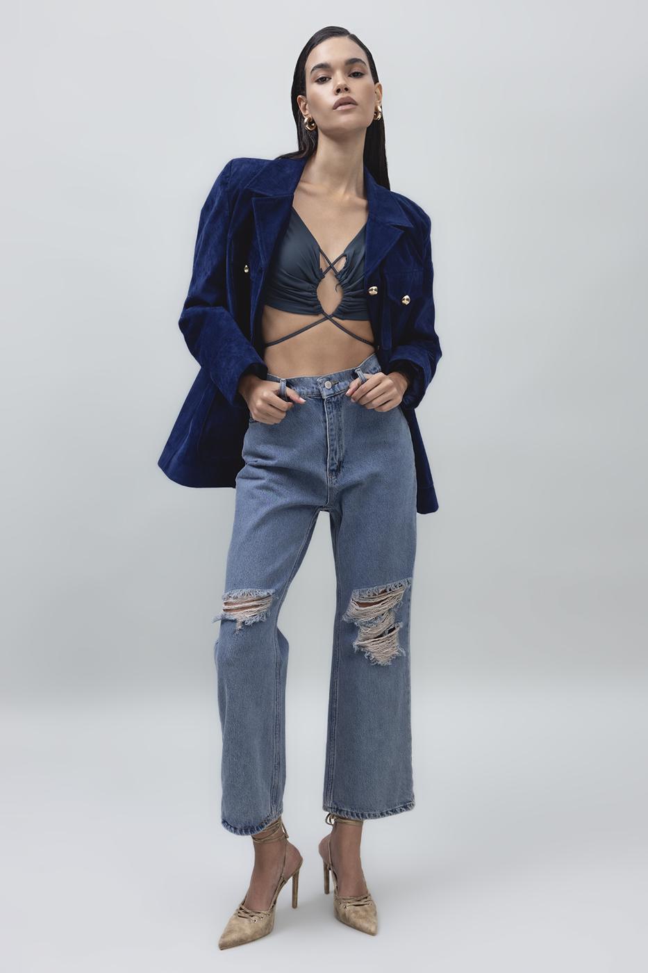 Bayan Mavi Yıpratmalı Bilek Boy Denim Pantolon