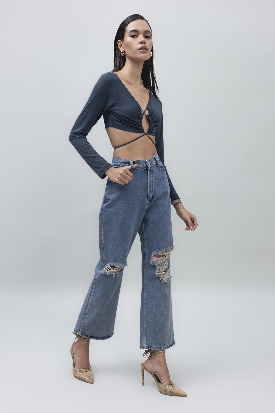 Bayan Mavi Yıpratmalı Bilek Boy Denim Pantolon