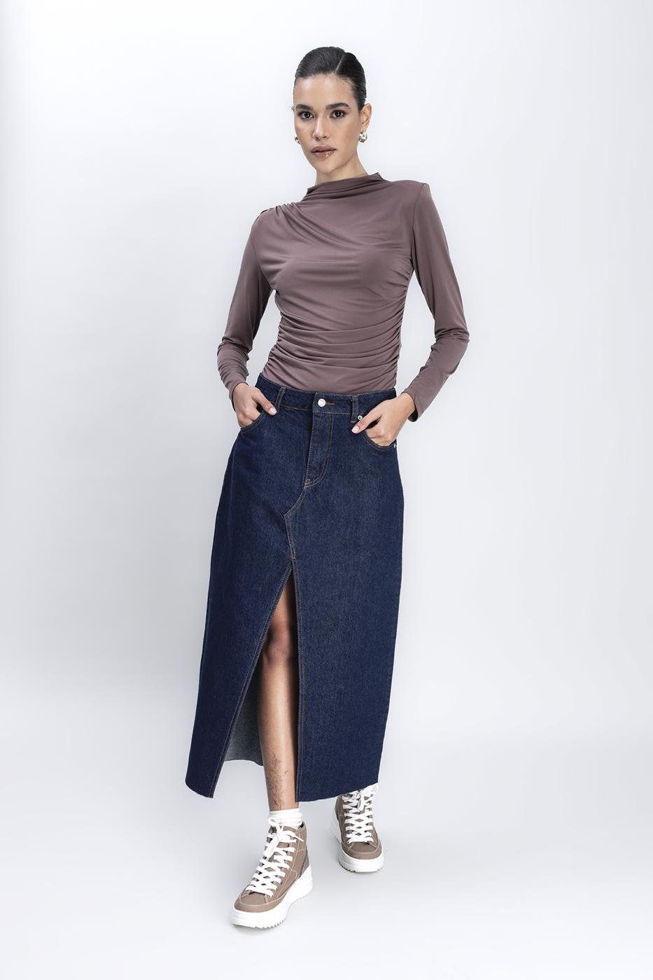 Bayan Lacivert Yırtmaçlı Denim Etek