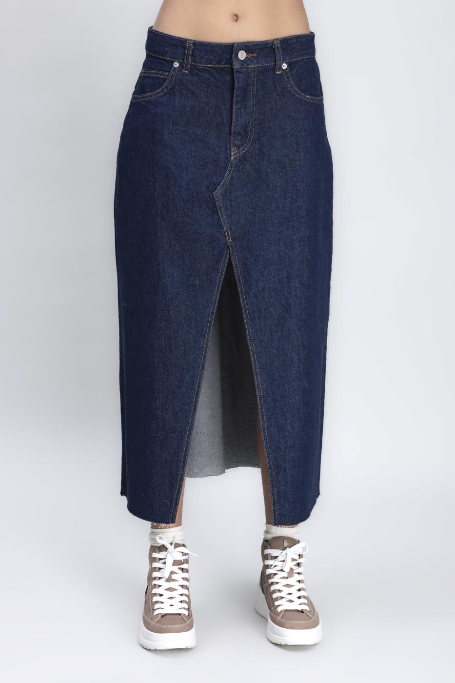 Bayan Lacivert Yırtmaçlı Denim Etek