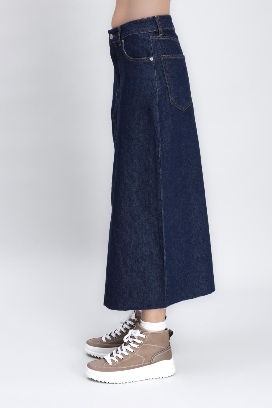 Bayan Lacivert Yırtmaçlı Denim Etek