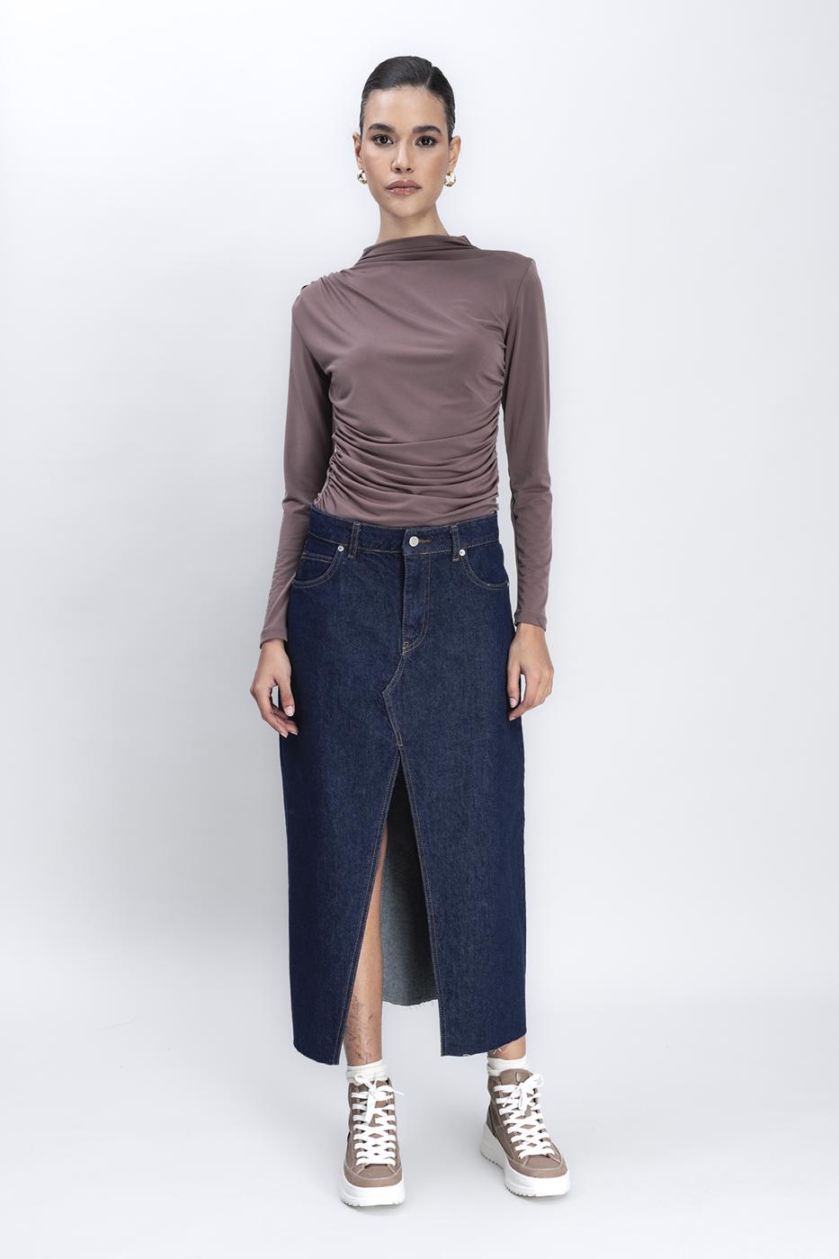 Bayan Lacivert Yırtmaçlı Denim Etek