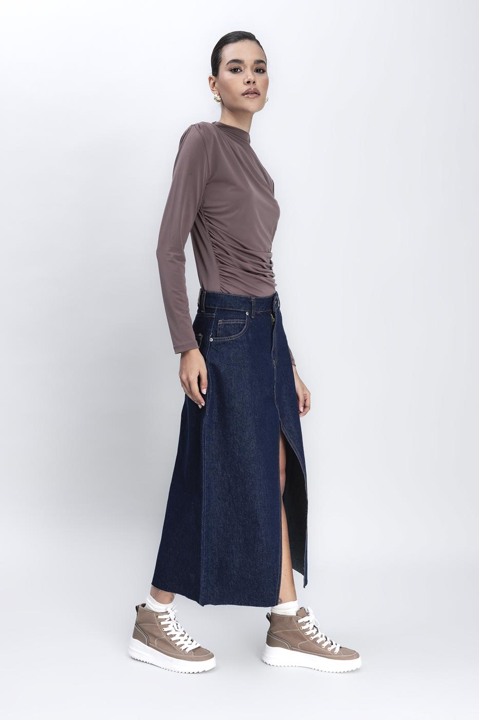 Bayan Lacivert Yırtmaçlı Denim Etek