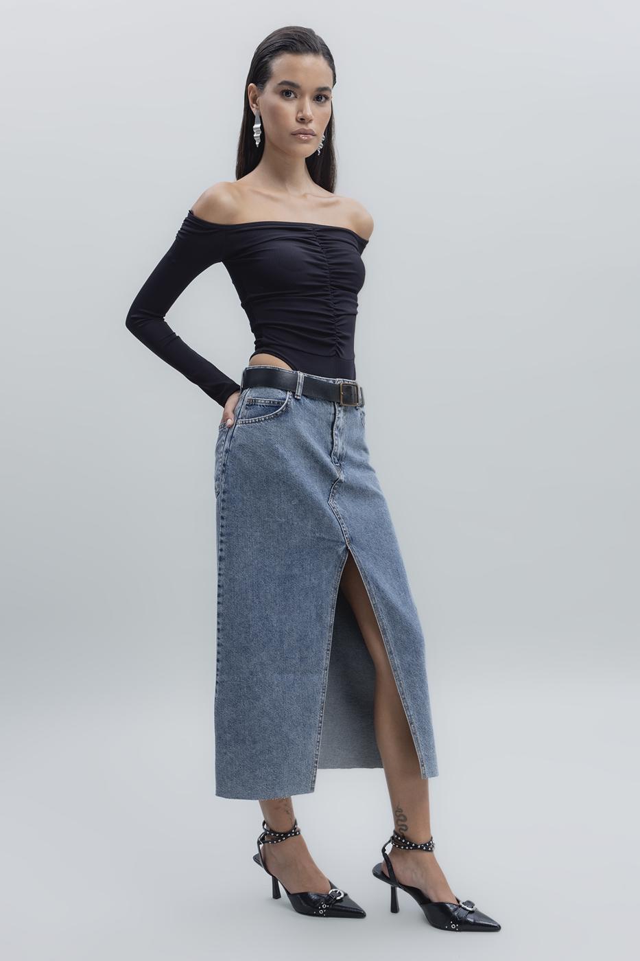 Bayan Mavi Yırtmaçlı Denim Etek