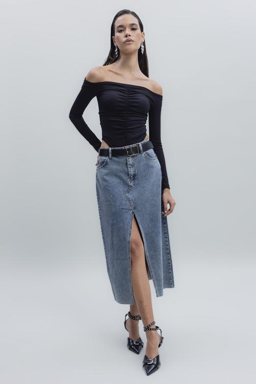Bayan Mavi Yırtmaçlı Denim Etek - BSL