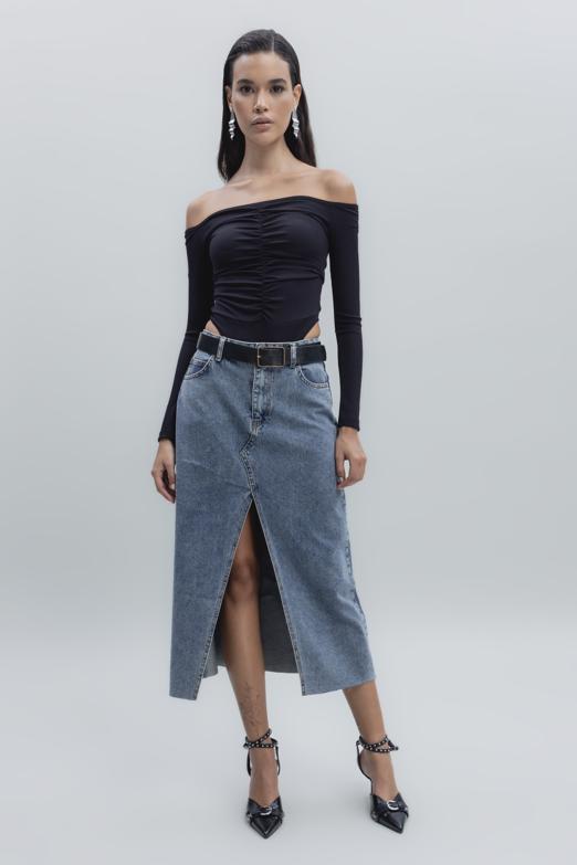Bayan Mavi Yırtmaçlı Denim Etek - BSL