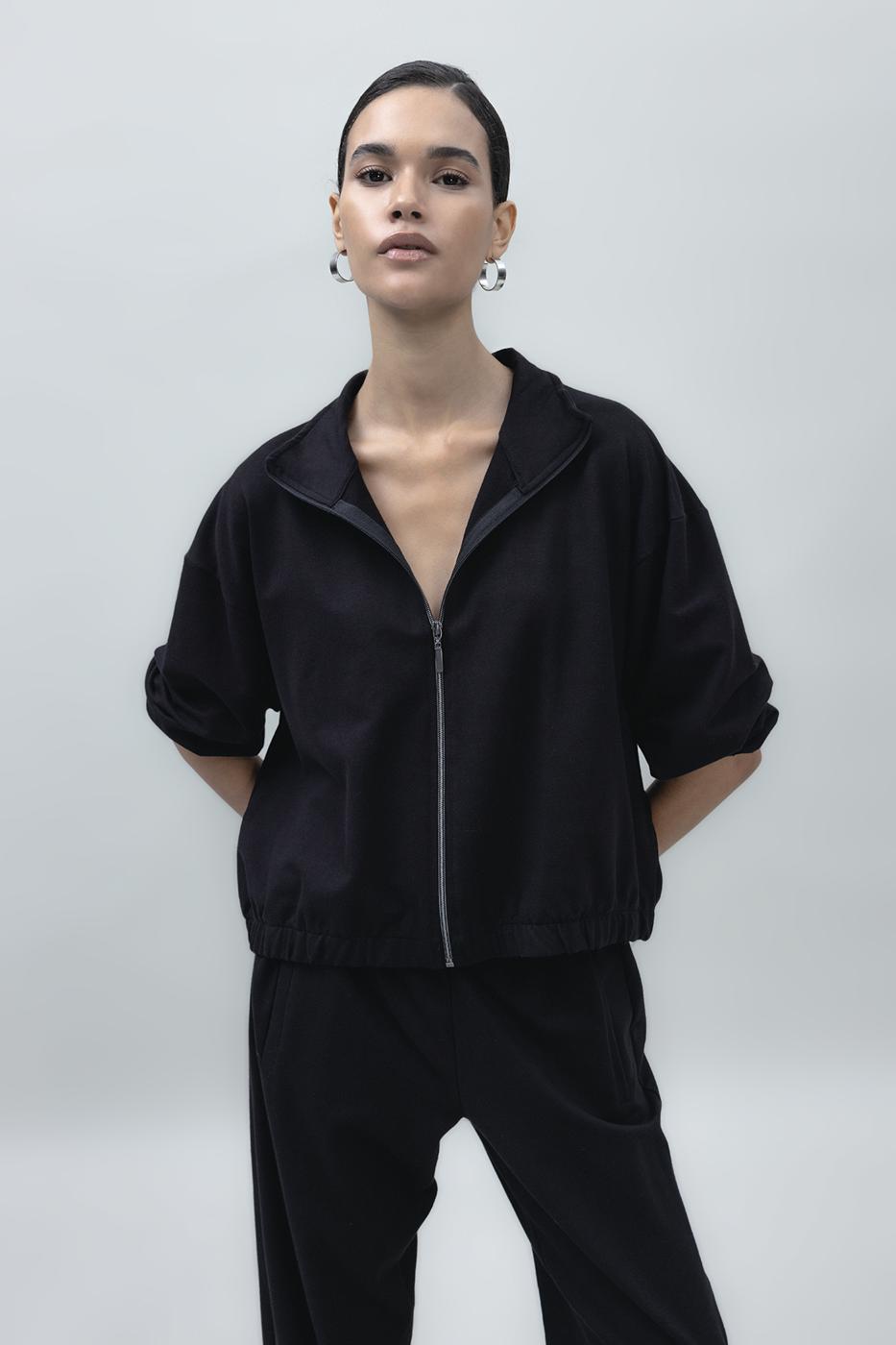 Bayan Siyah Fermuarlı SweatShırt