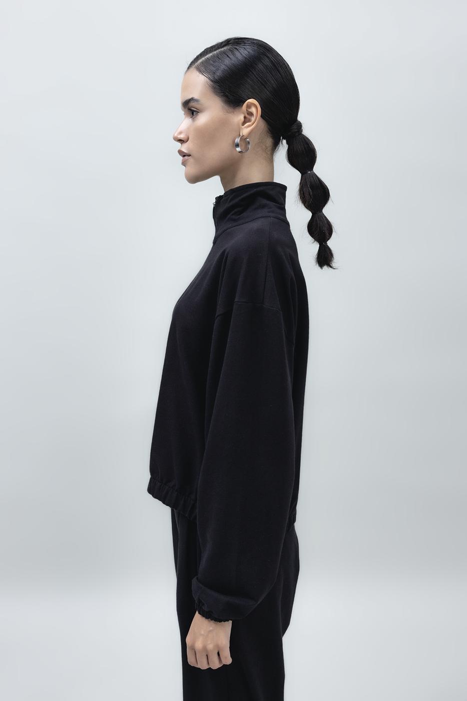 Bayan Siyah Fermuarlı SweatShırt