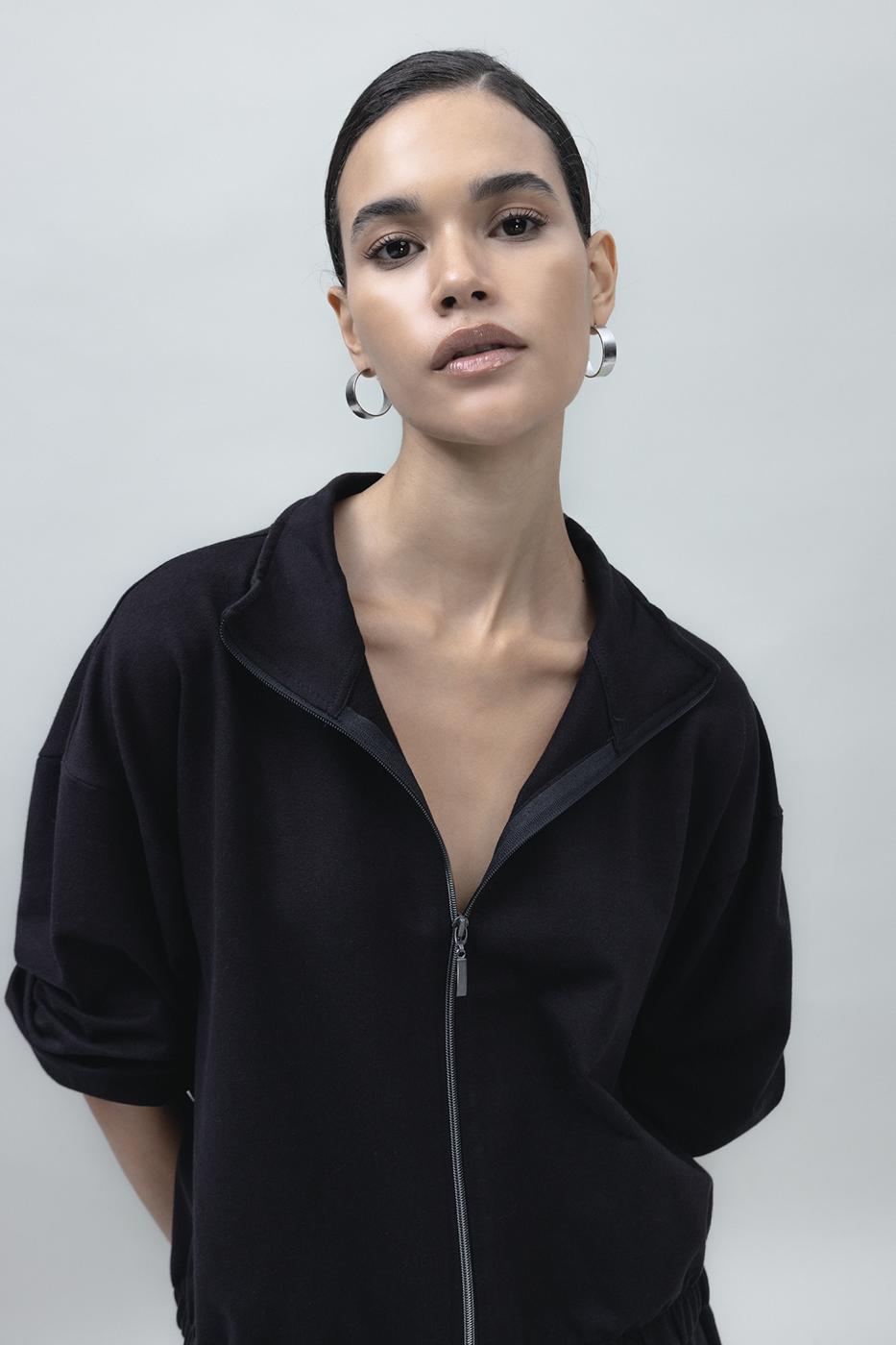Bayan Siyah Fermuarlı SweatShırt