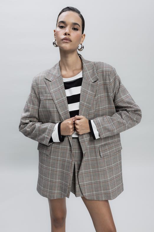 Bayan Gri Ekoseli Oversize Blazer Ceket - BSL