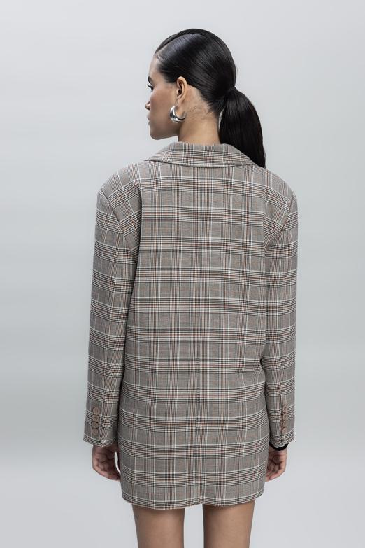 Bayan Gri Ekoseli Oversize Blazer Ceket - BSL