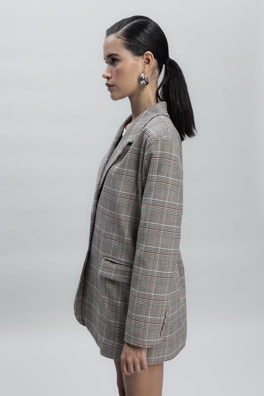 Bayan Gri Ekoseli Oversize Blazer Ceket - BSL