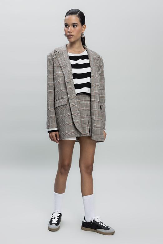 Bayan Gri Ekoseli Oversize Blazer Ceket - BSL