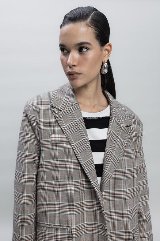 Bayan Gri Ekoseli Oversize Blazer Ceket - BSL