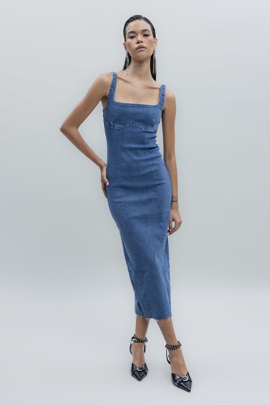 Bayan Mavi Askılı Midi Denim Elbise