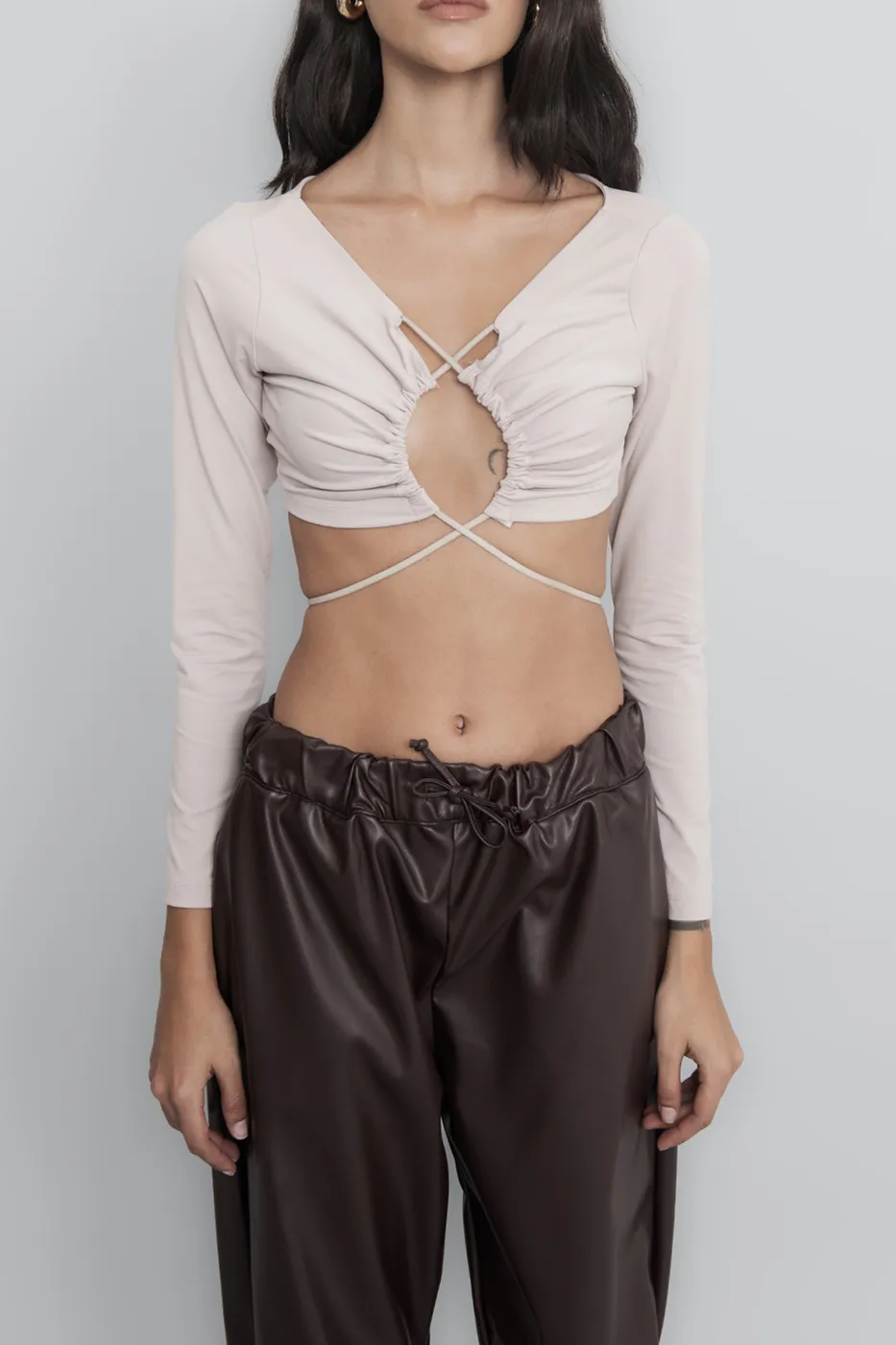 Bayan Bej Bağlamalı Crop Top