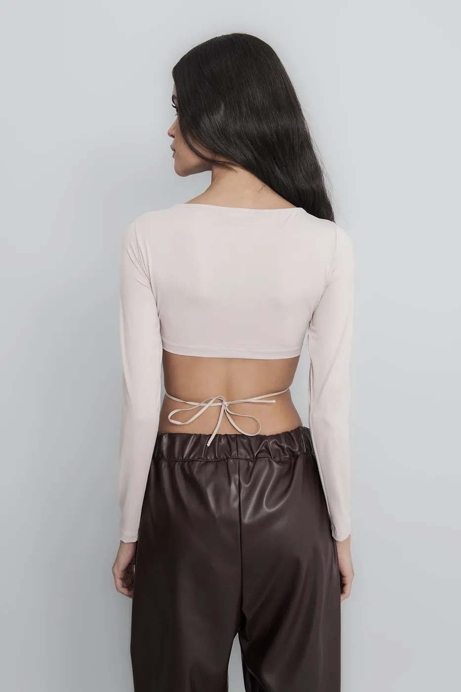 Bayan Bej Bağlamalı Crop Top