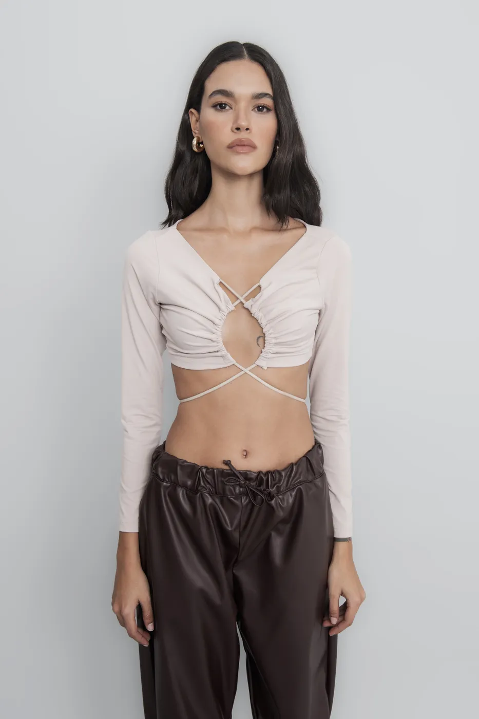 Bayan Bej Bağlamalı Crop Top