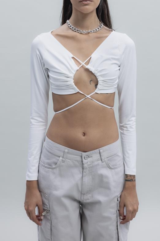 Bayan Ekru Bağlamalı Crop Top - BSL