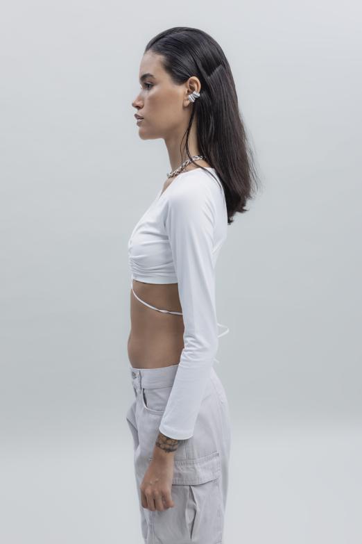 Bayan Ekru Bağlamalı Crop Top - BSL