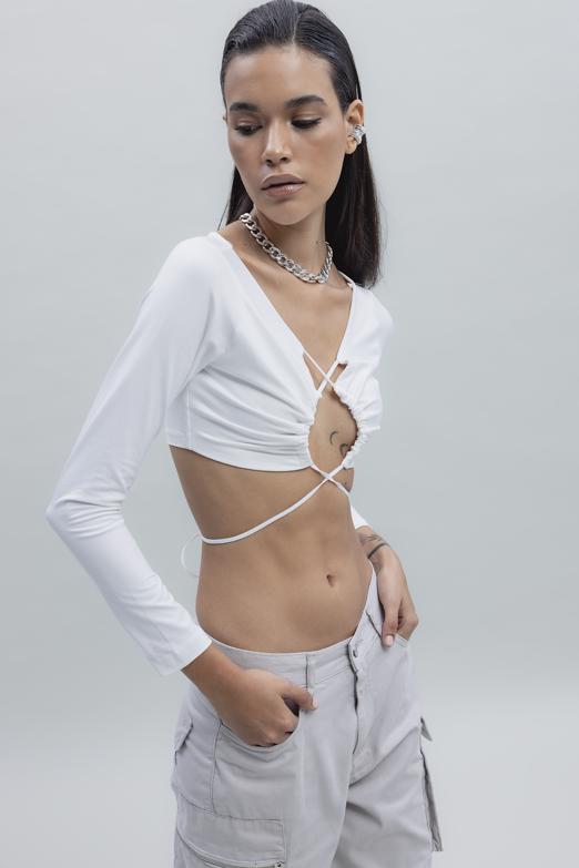 Bayan Ekru Bağlamalı Crop Top - BSL