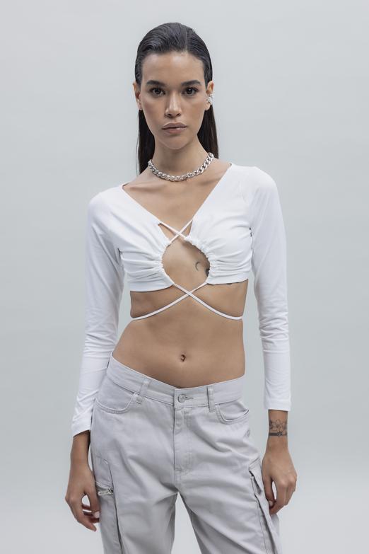 Bayan Ekru Bağlamalı Crop Top - BSL