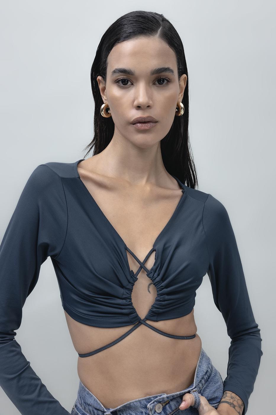 Bayan Füme Bağlamalı Crop Top