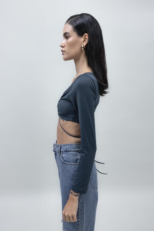 Bayan Füme Bağlamalı Crop Top - BSL