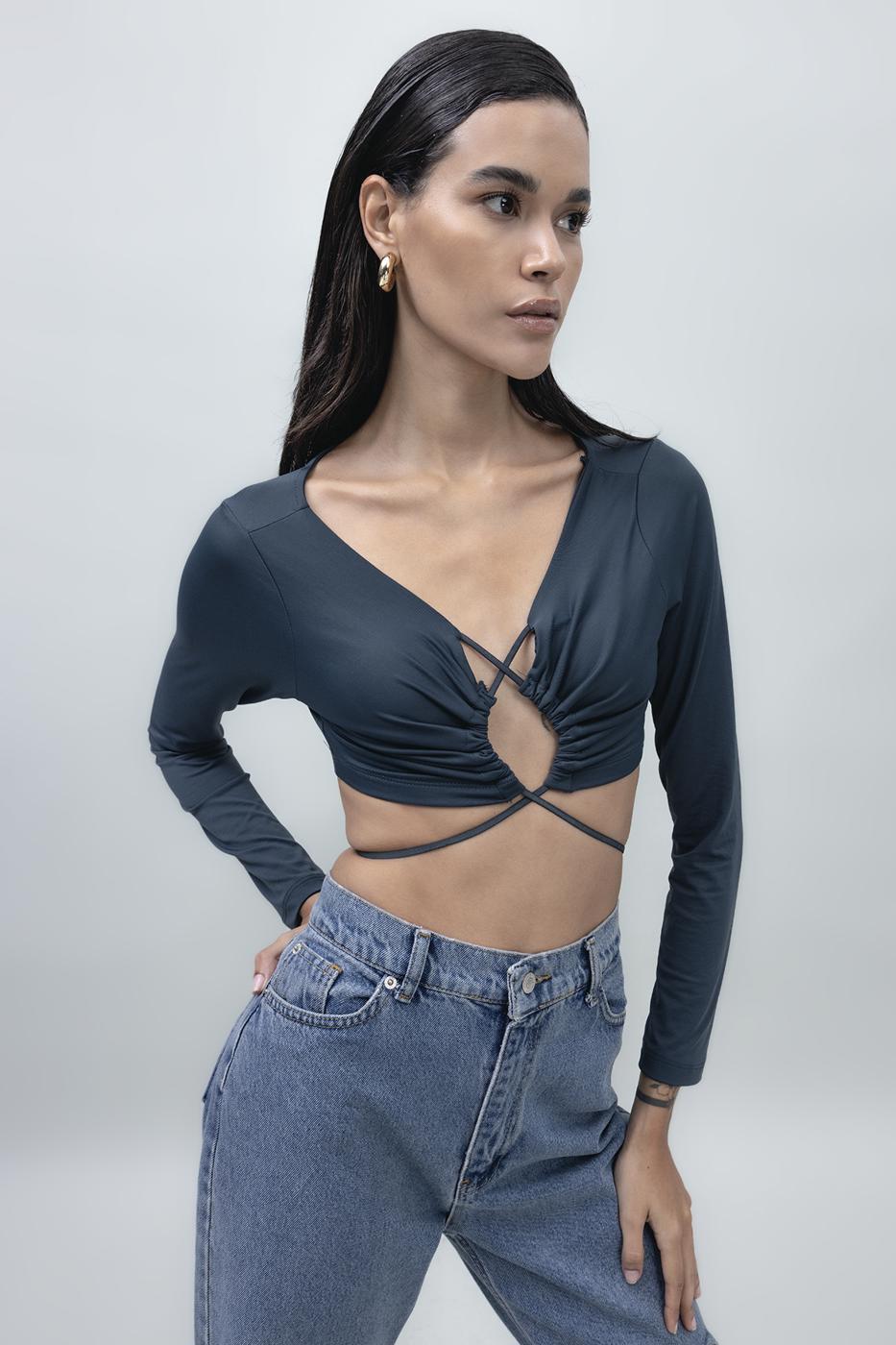 Bayan Füme Bağlamalı Crop Top