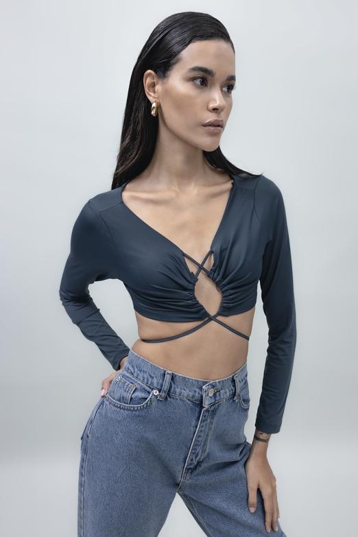 Bayan Füme Bağlamalı Crop Top - BSL
