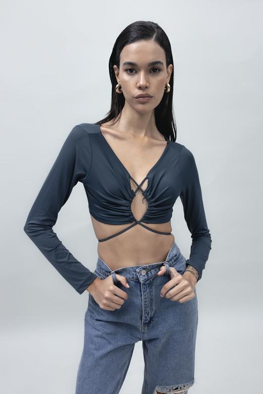 Bayan Füme Bağlamalı Crop Top - BSL